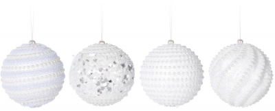 Bílá vánoční koule s kamínky 8 cm - různé druhy